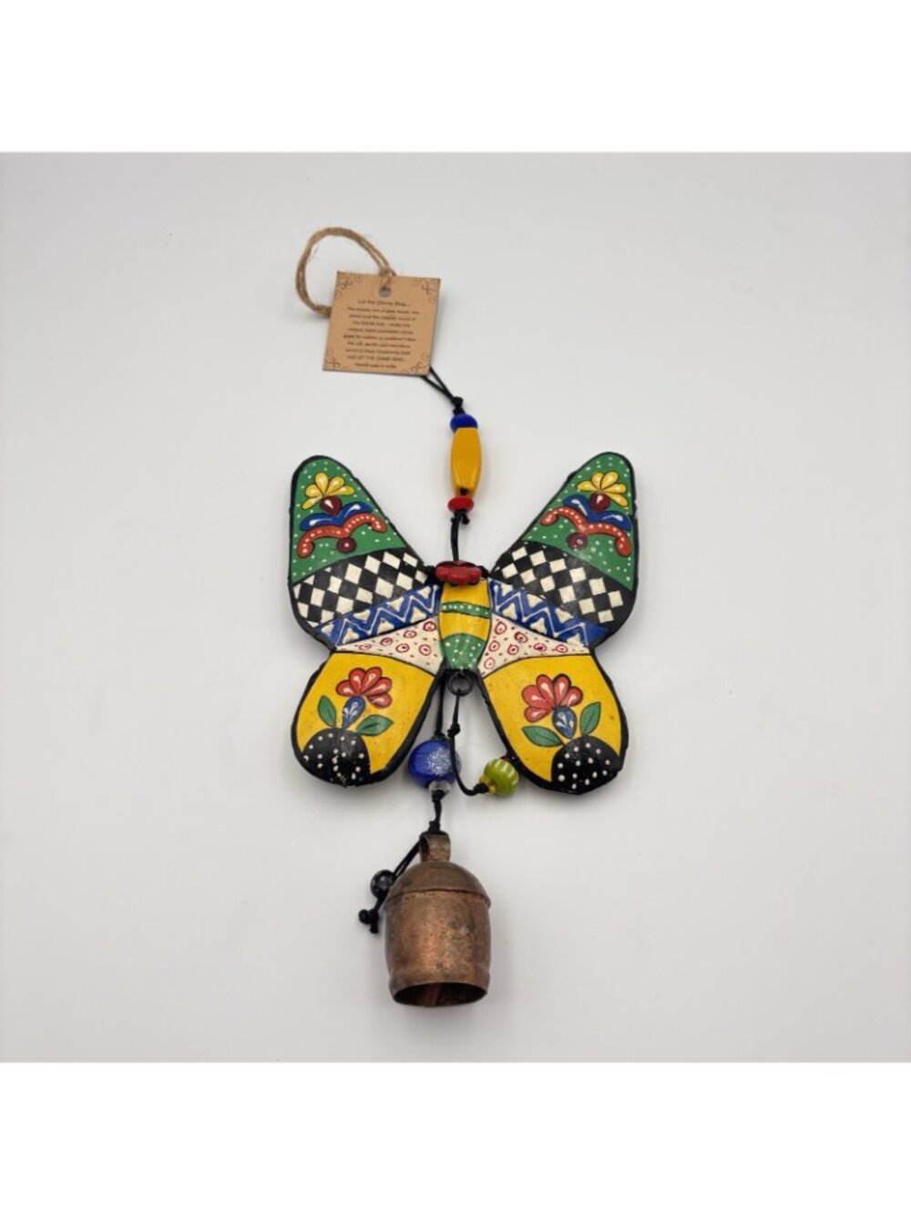 Handmade Painted Floral Butterfly Wind chime iron 21 inches long glass beads - Picture 3 of 16